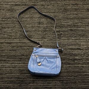 B. Makowsky Blue Leather Front Zip Crossbody Silvertone Shoulder Purse